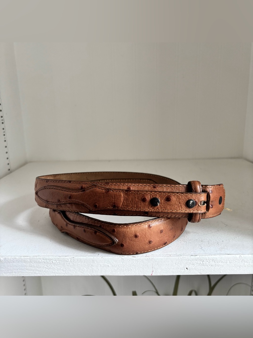 Tony Lama Peanut Cognac Brown Ostrich Embossed Leather Ranger Belt 34